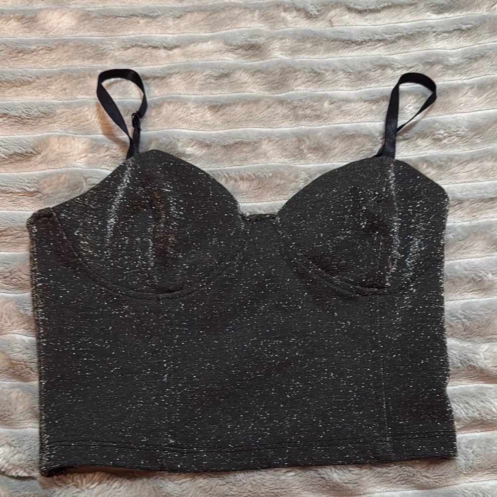 Forever 21 Black Sequin Crop Top with Sweetheart Neckline and Spaghetti Straps